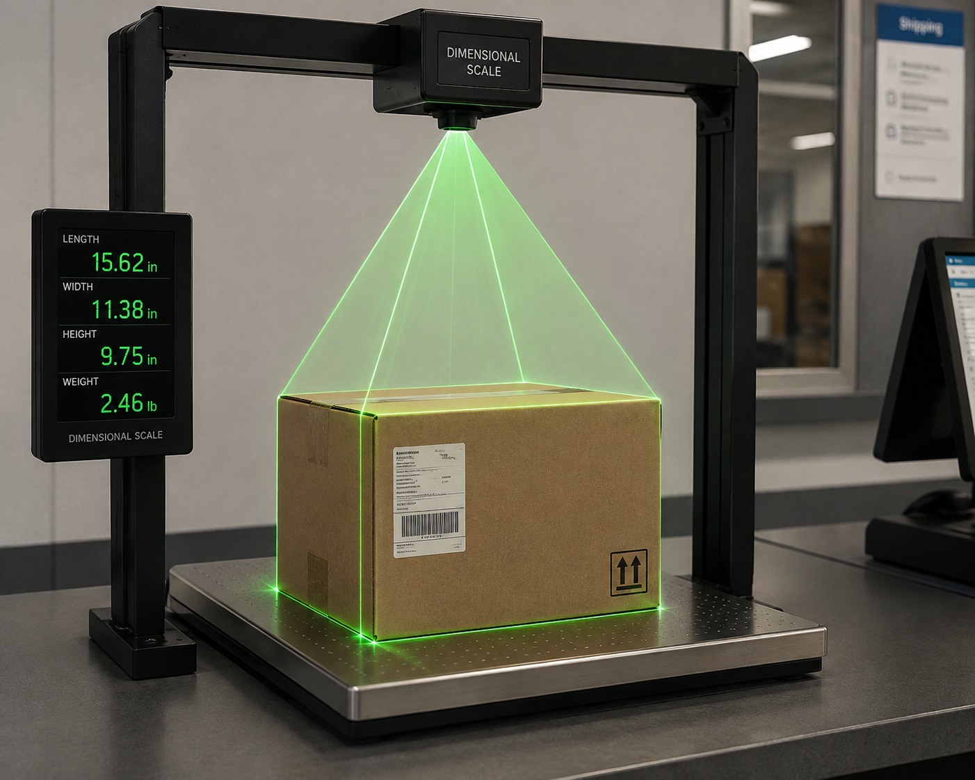 Dimensional scale capturing package length, width, height and weight