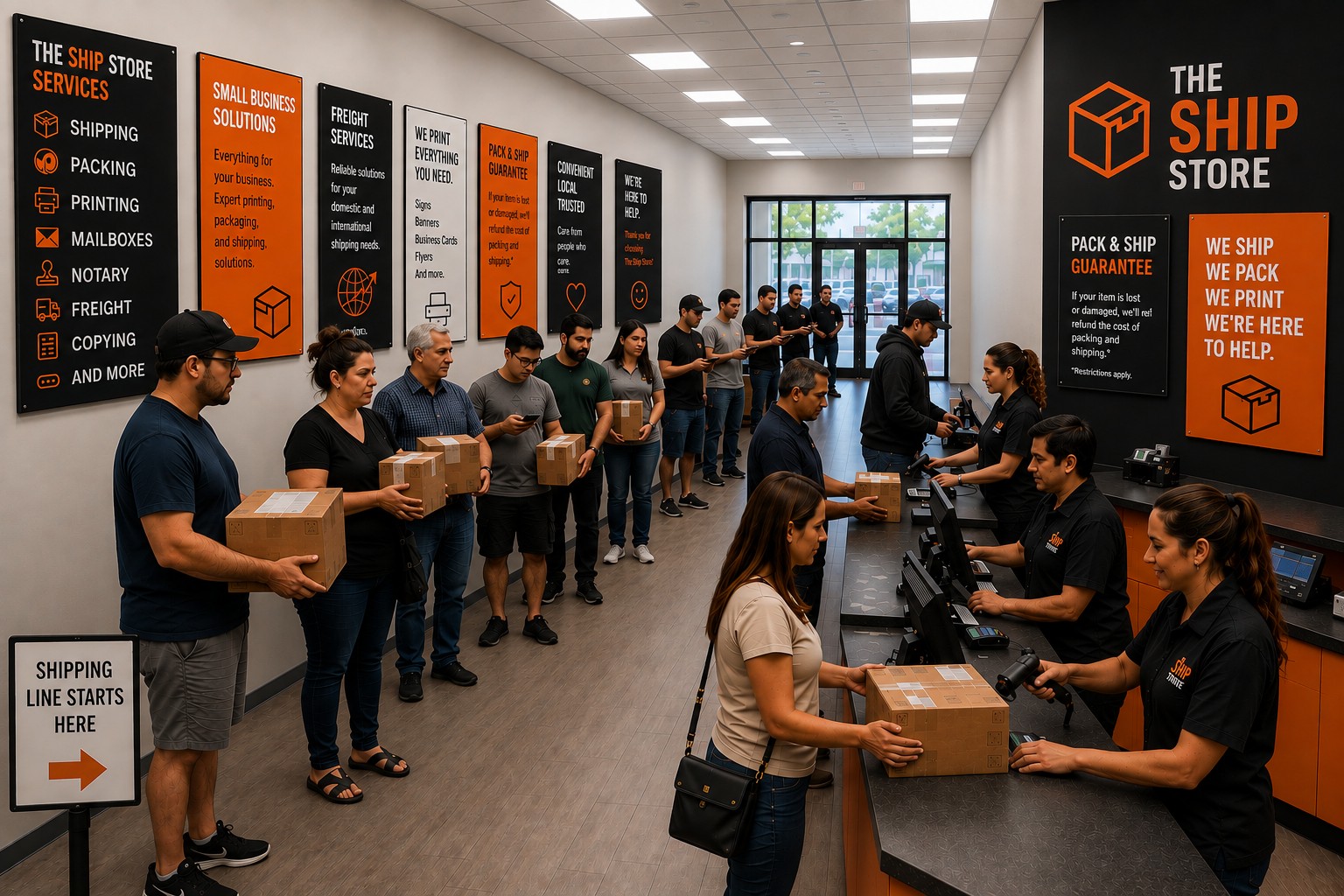 Busy shipping store with a long customer line