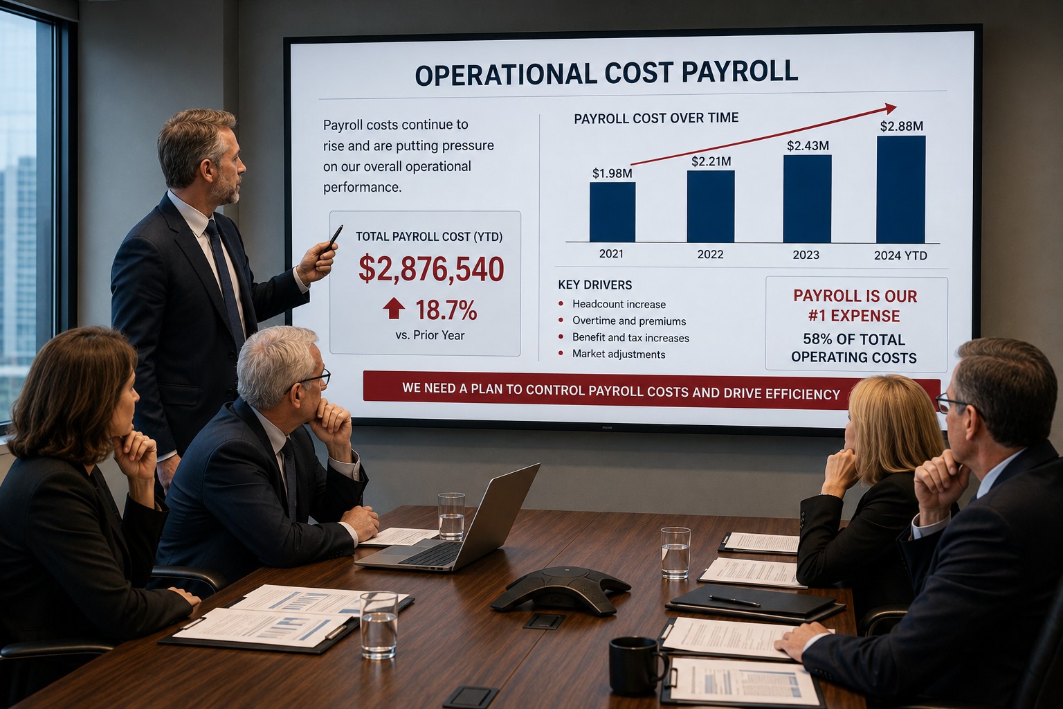 Executive team reviewing rising payroll costs