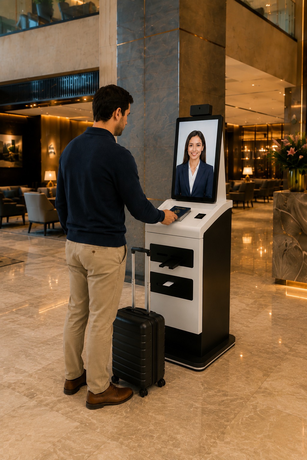 Guest checking in at a LogiKiosk AI Avatar station