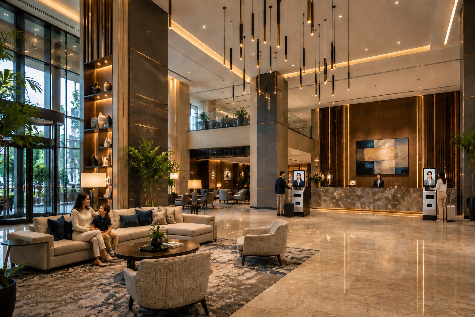 Clear hotel lobby after AI Avatar kiosks take over check-in